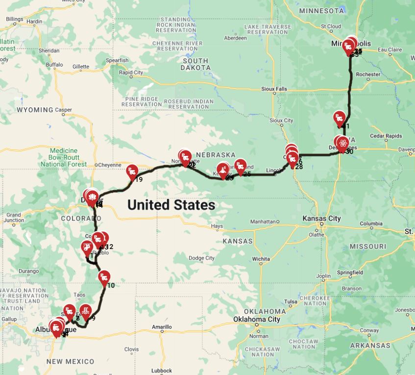 Motorhome trip route from Albuquerque to Minneapolis